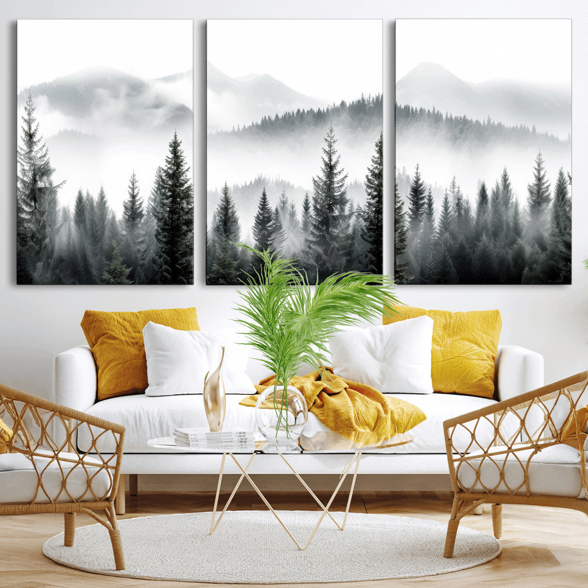 Misty Pine Forest Mountain Landscape Wall Art Canvas Print