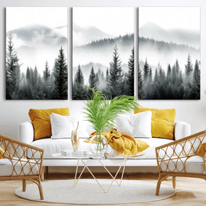 Misty Pine Forest Mountain Landscape Wall Art Canvas Print