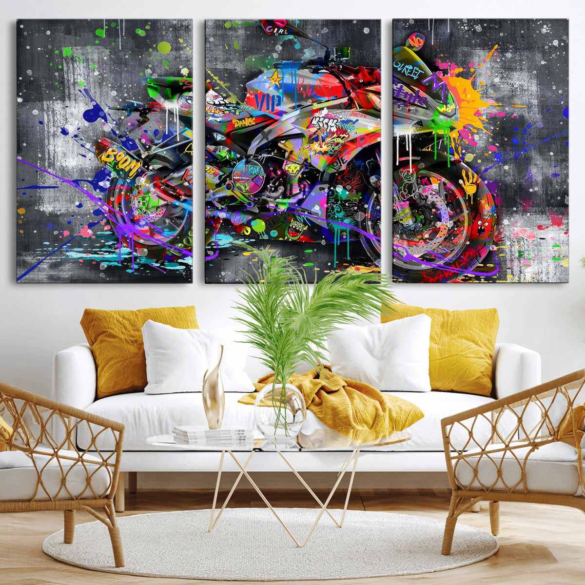 Graffiti Motorcycle Wall Art Canvas Print, Urban Street Art