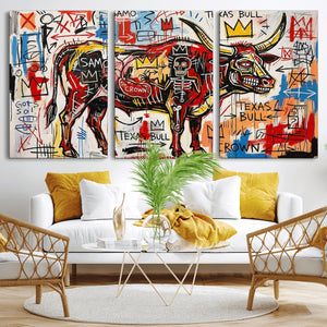 Texas Bull Wall Art Canvas Print, Abstract Graffiti Bull