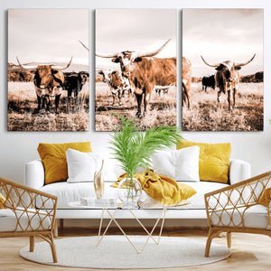 Texas Longhorn Cattle Wall Art Canvas Print, Sepia Western