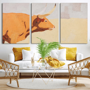 Minimal Longhorn Bull Wall Art Canvas Print, Neutral Western