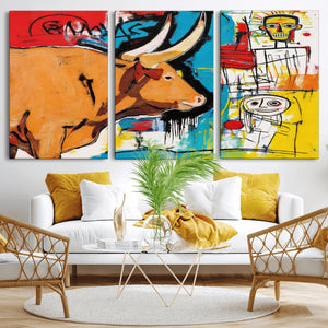 Basquiat Style Bull Graffiti Wall Art Canvas Print, Street