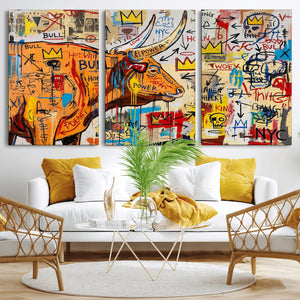 Basquiat Style Bull Graffiti Wall Art Canvas Print, Street