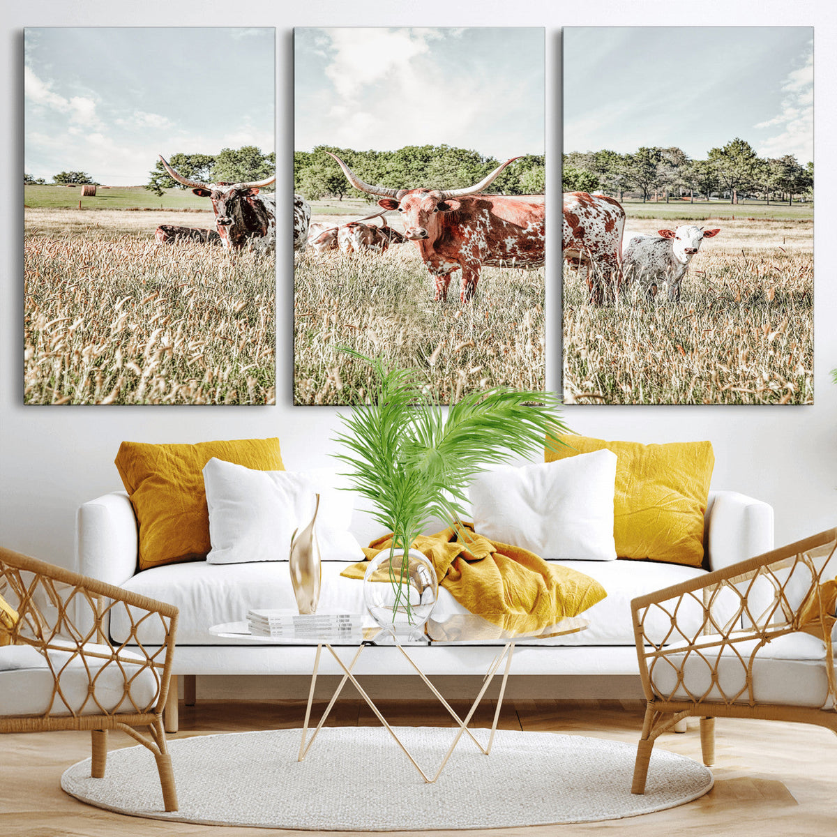 Texas Longhorn Cattle Wall Art Canvas Print, Rustic Ranch