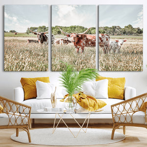 Texas Longhorn Cattle Wall Art Canvas Print, Rustic Ranch