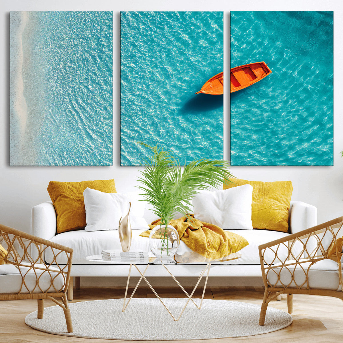 Minimalist Boat Wall Art Canvas Print, Aerial Sea Landscape