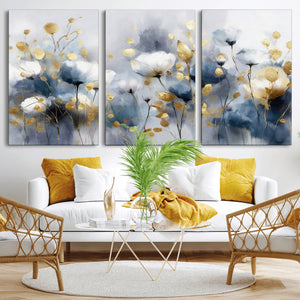 Large Abstract Flowers Wall Art Canvas Print – Gold and Blue
