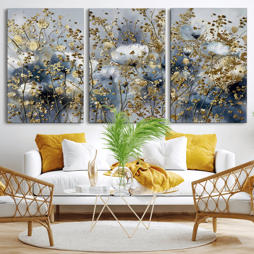 Abstract Floral Wall Art Canvas Print – Gold and Blue