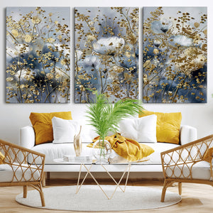 Abstract Floral Wall Art Canvas Print – Gold and Blue