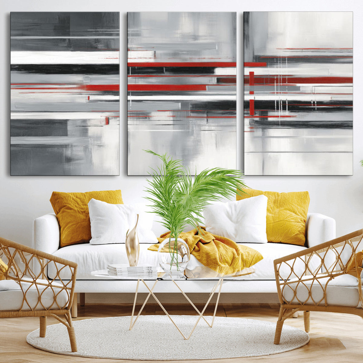 Gray Red Abstract Wall Art Canvas Print, Modern Abstract