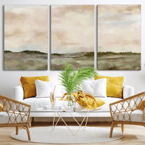 Muted Watercolor Hill Landscape Print — Beige Taupe Cloudy