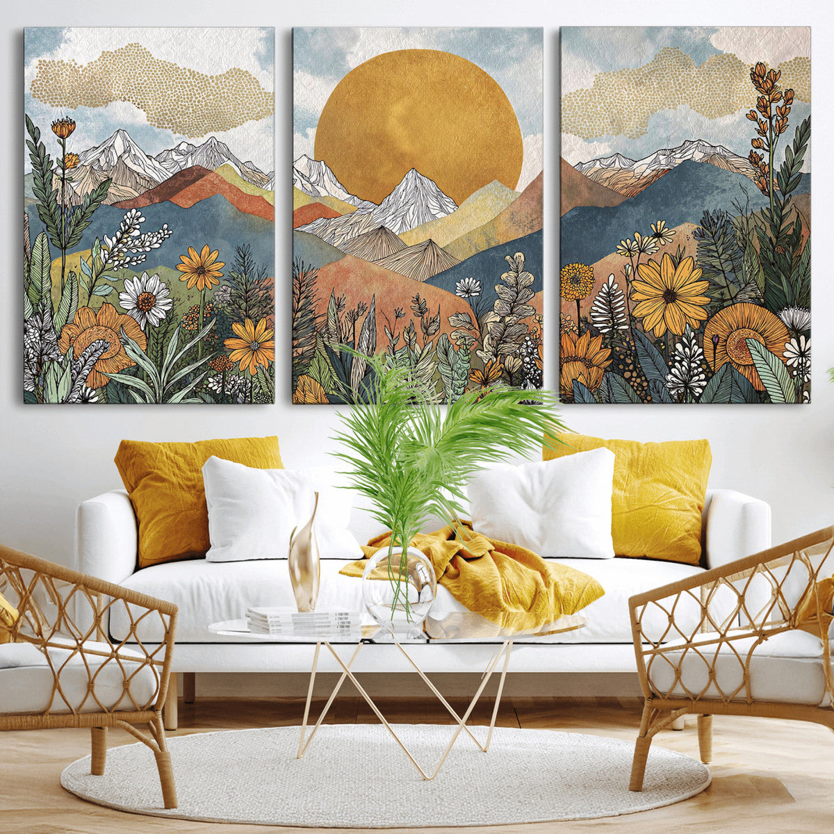 Boho Mountain Landscape Large Wall Art, Horizontal Gold