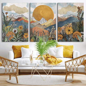 Boho Mountain Landscape Large Wall Art, Horizontal Gold
