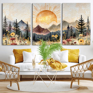 Boho Mountain Landscape Large Wall Art, Horizontal Gold