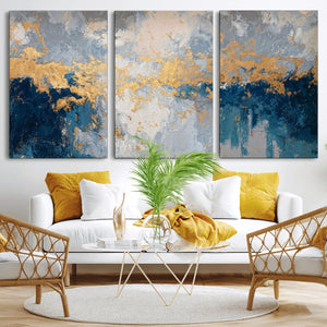 Blue Gold Abstract Large Framed Canvas Wall Art, Modern