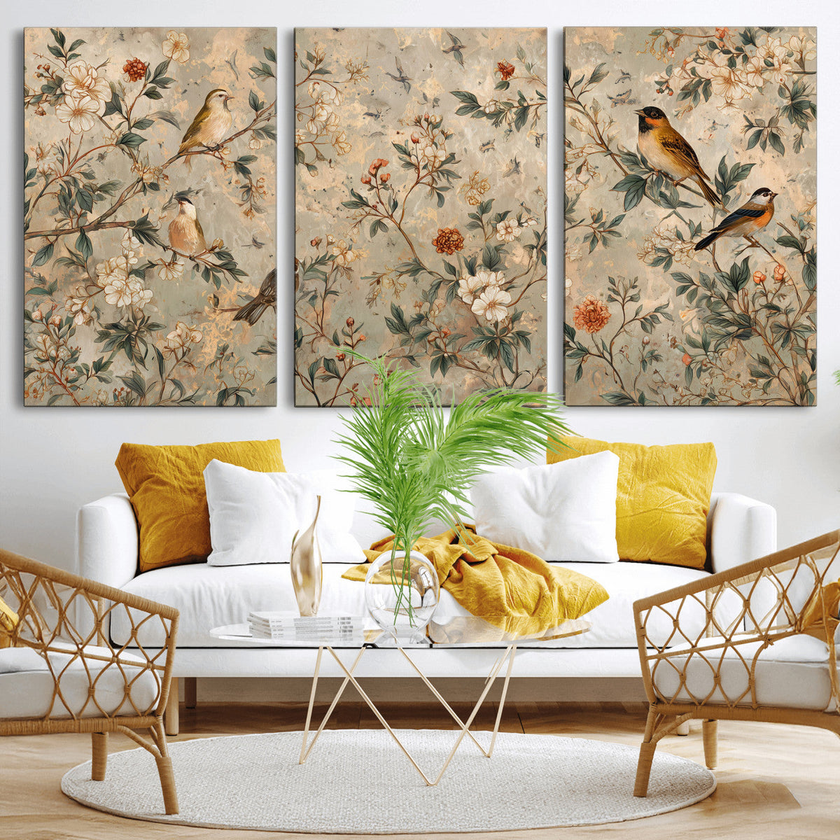Vintage Birds and Flowers Wall Art Canvas Print, Botanical