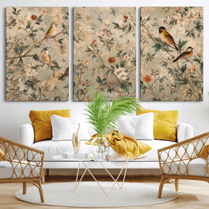 Vintage Birds and Flowers Wall Art Canvas Print, Botanical