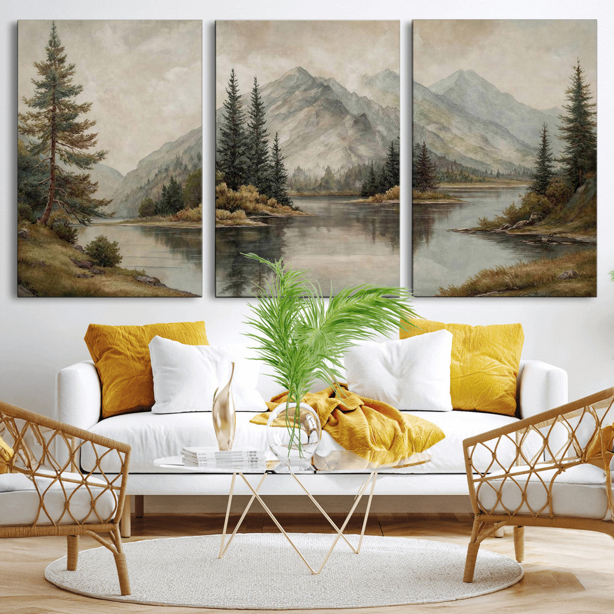 Vintage Mountain Landscape Wall Art Canvas Print Set, Rustic