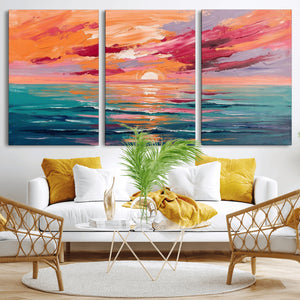 Bold Palette Knife Ocean Sunset Canvas — Orange Pink Teal