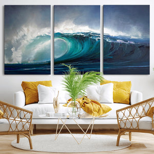 Ocean Wave Canvas Wall Art, Dramatic Teal Blue Seascape Oil