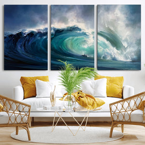 Ocean Wave Canvas Wall Art, Dramatic Teal Blue Seascape Oil