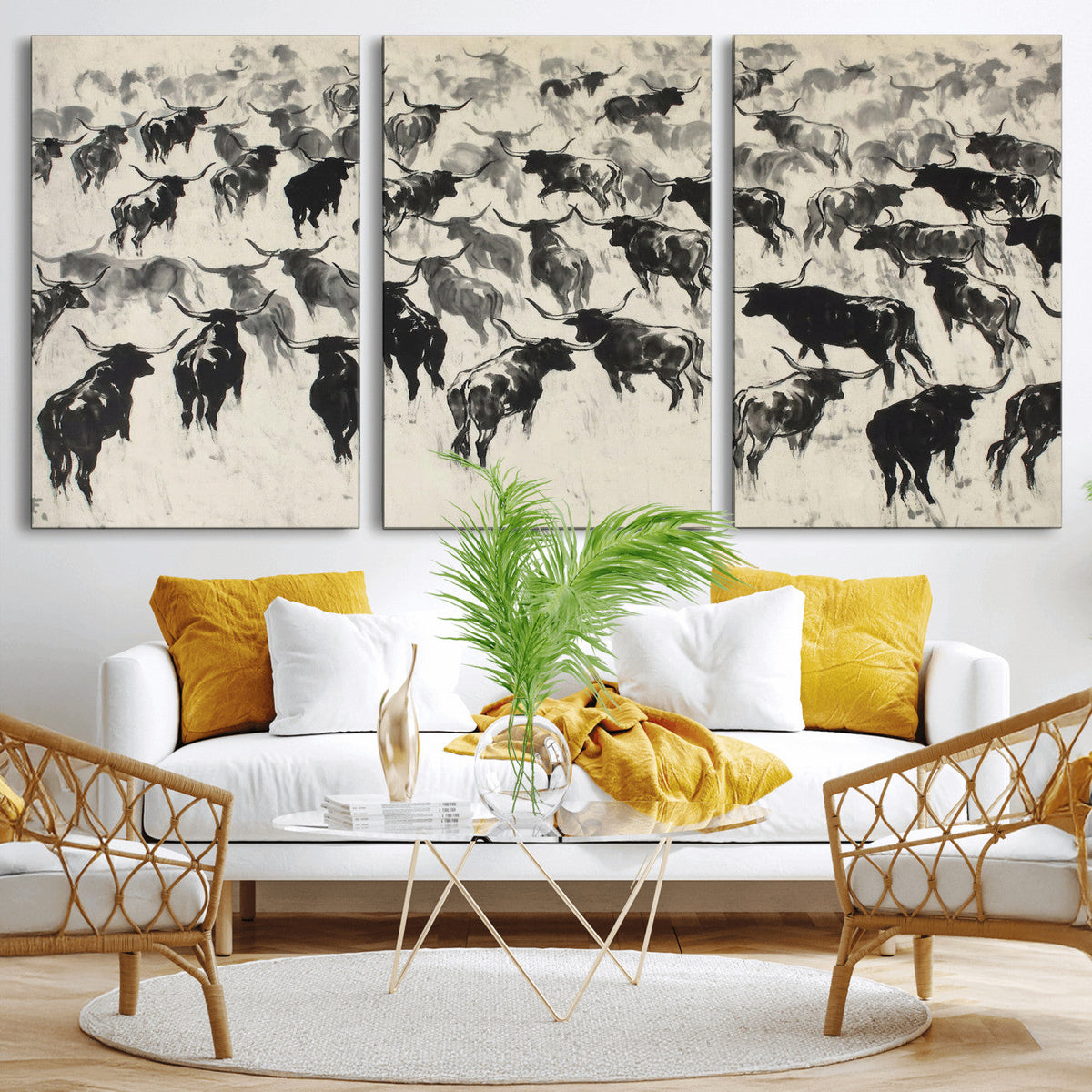 Longhorn Cattle Canvas Wall Art, Black White Stampede Ink