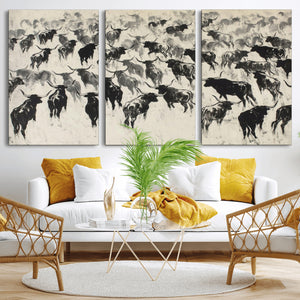 Longhorn Cattle Canvas Wall Art, Black White Stampede Ink