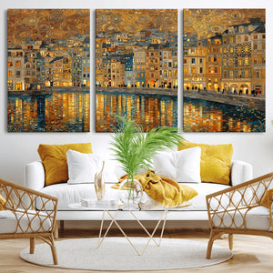 Gustav Klimt Golden Cityscape Wall Art Canvas Print, Framed