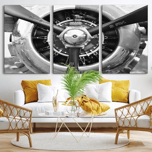 Vintage Propeller Plane Wall Art Canvas Print, Black and