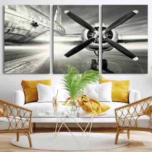 Vintage Airplane Wall Art Canvas Print, Black and White