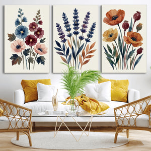 Watercolor Botanical Canvas Wall Art Set, Navy Terracotta