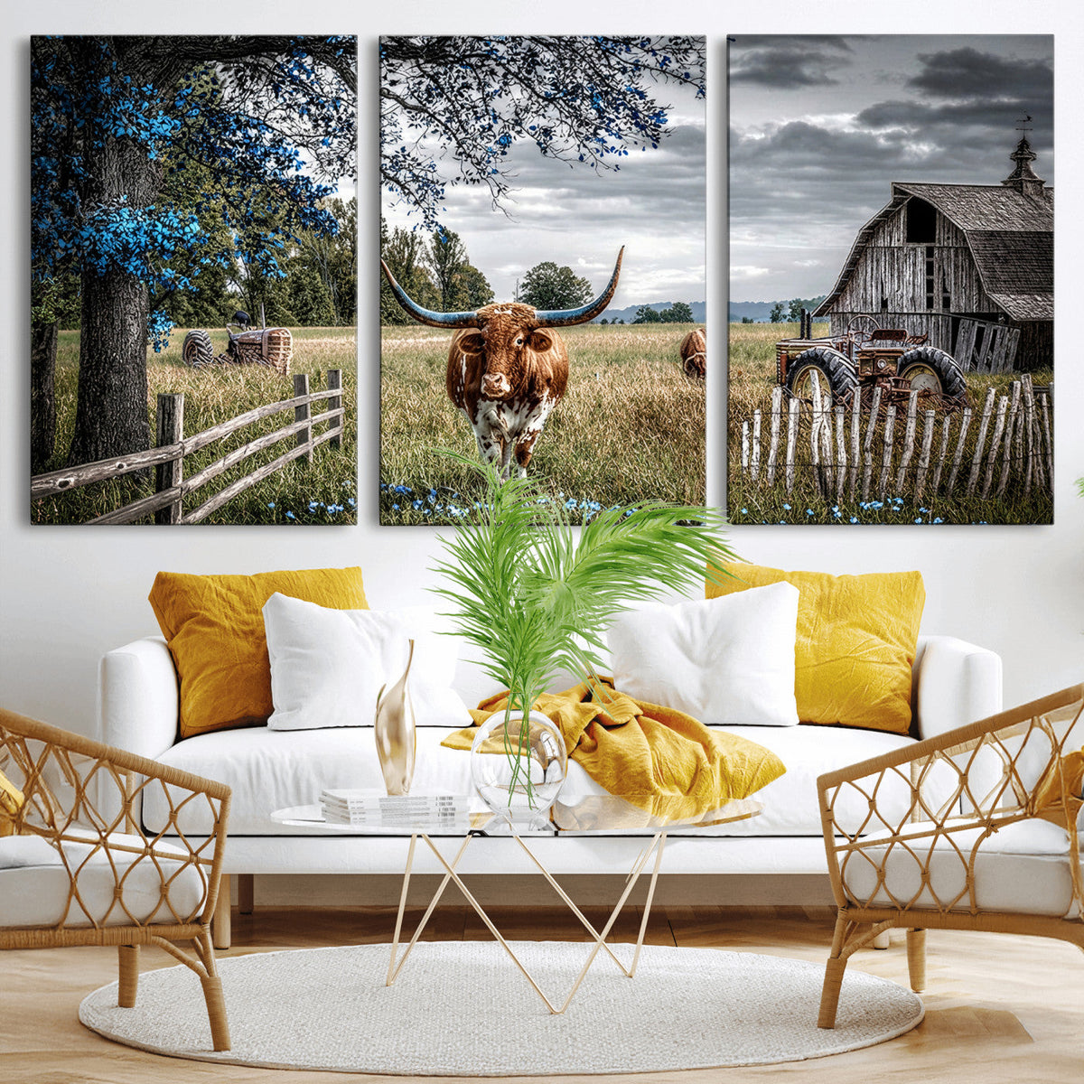 Texas Longhorn Canvas Wall Art, Rustic Farm Barn Bluebonnet
