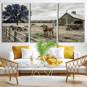 Texas Longhorn Canvas Wall Art, Rustic Farm Barn Bluebonnet