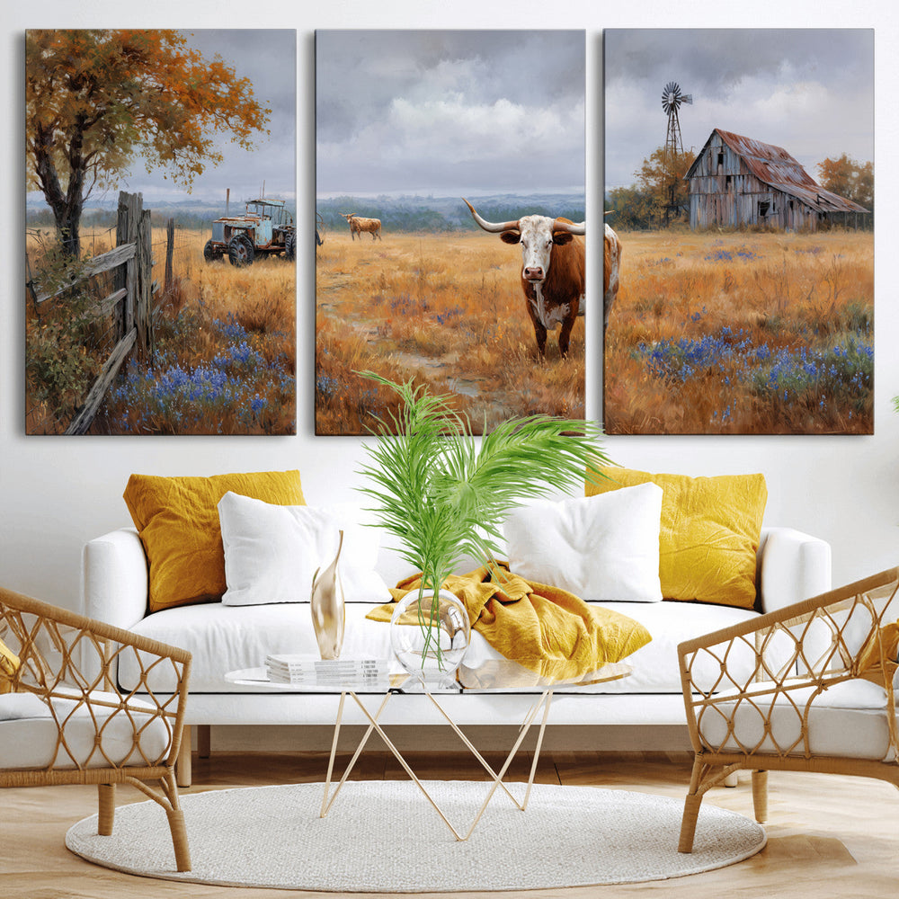 Texas Longhorn Canvas Wall Art, Rustic Farm Barn Bluebonnet