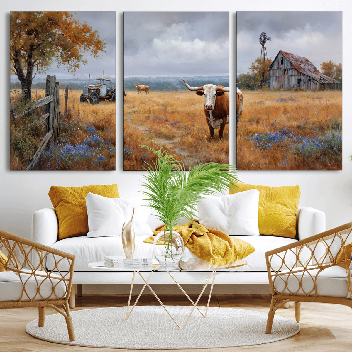 Texas Longhorn Canvas Wall Art, Rustic Farm Barn Bluebonnet