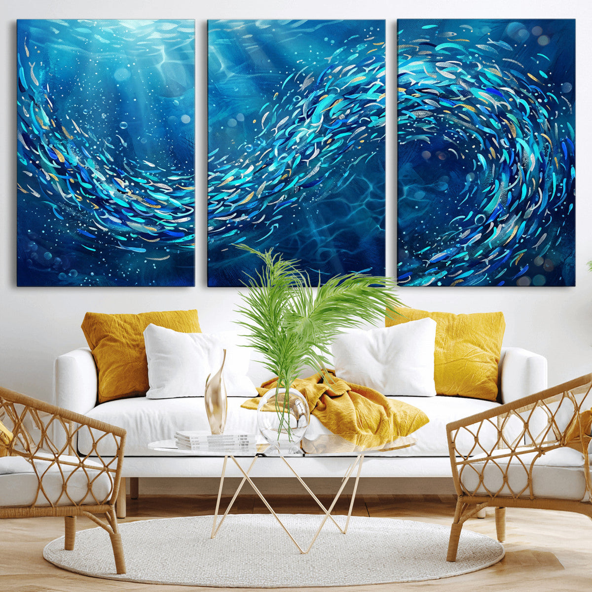 School of Fish Canvas Print | Blue Ocean Underwater Wall Art