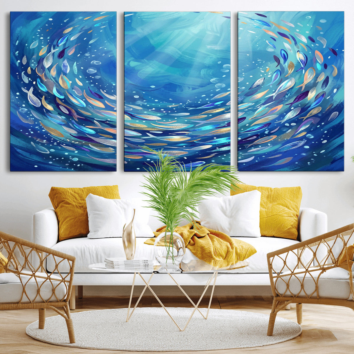 School of Fish Canvas Print | Blue Ocean Underwater Wall Art
