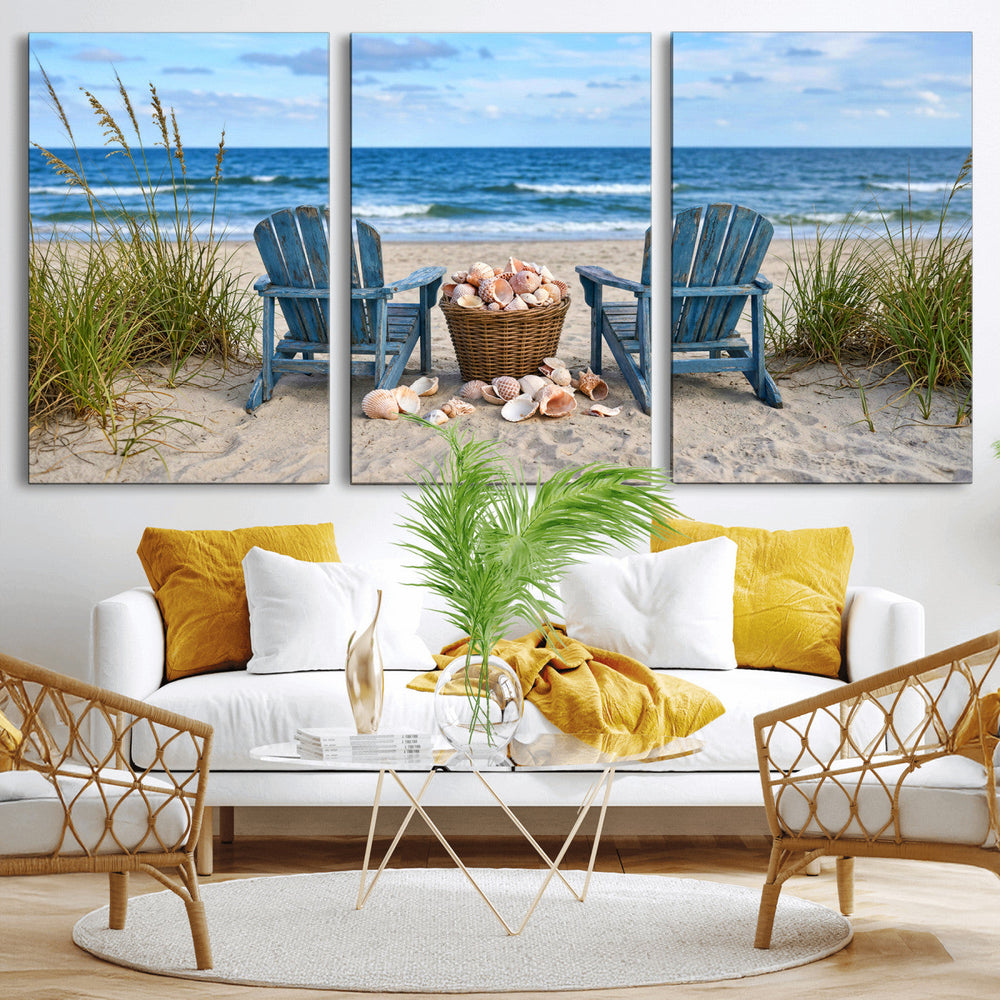 Large Beach Canvas Wall Art Coastal Adirondack Chairs Ocean