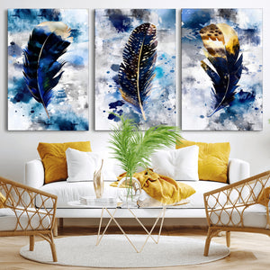Feather Canvas Wall Art Navy Blue Gold Watercolor Abstract