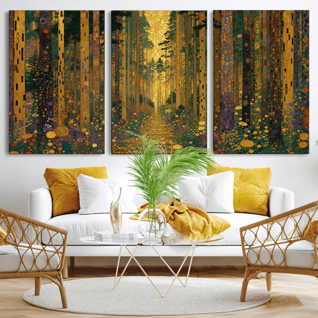 Gustav Klimt Style Forest Canvas Wall Art, Golden Forest Path Floral Art Nouveau Print, Enchanted Woodland Decor