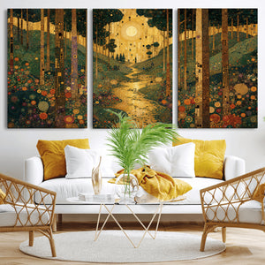 Gustav Klimt Style Forest Canvas Wall Art, Golden Forest Path Floral Art Nouveau Print, Enchanted Woodland Decor