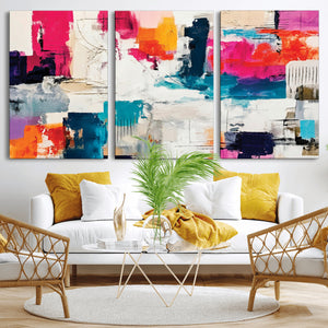 Blue Teal Abstract Canvas Wall Art, Modern Textured Painting Print, Navy Orange White Contemporary Art, Neutral Living Room Decor, Office Art
