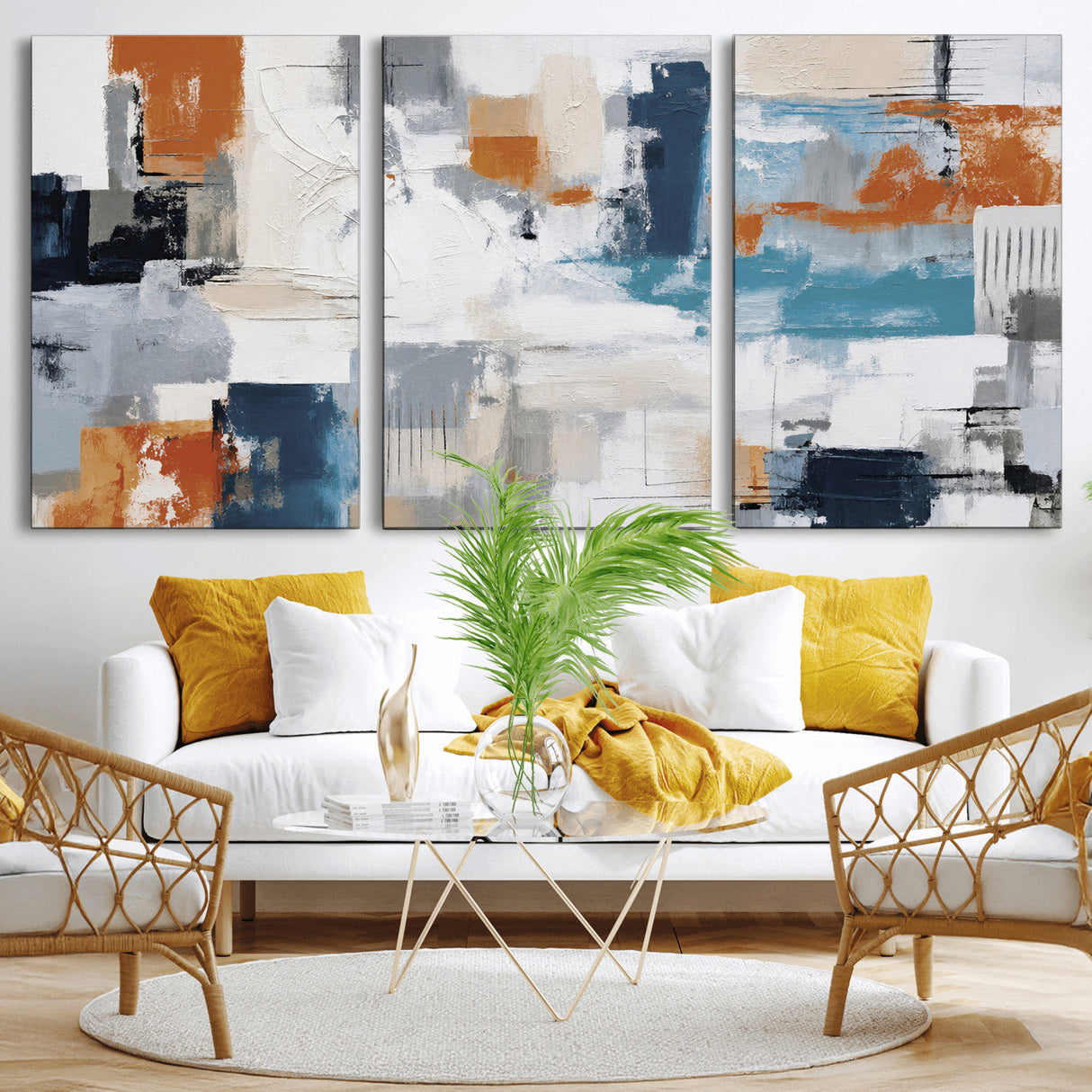 Blue Teal Abstract Canvas Wall Art, Modern Textured Painting Print, Navy Orange White Contemporary Art, Neutral Living Room Decor, Office Art