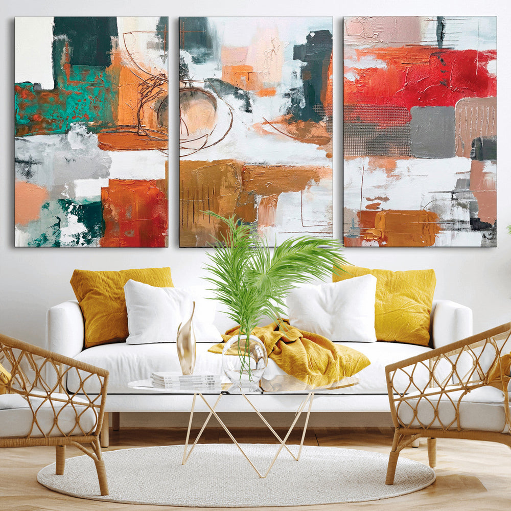 Blue Teal Abstract Canvas Wall Art, Modern Textured Painting Print, Navy Orange White Contemporary Art, Neutral Living Room Decor, Office Art