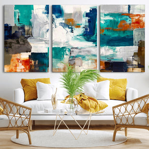 Blue Teal Abstract Canvas Wall Art, Modern Textured Painting Print, Navy Orange White Contemporary Art, Neutral Living Room Decor, Office Art