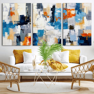 Blue Teal Abstract Canvas Wall Art, Modern Textured Painting Print, Navy Orange White Contemporary Art, Neutral Living Room Decor, Office Art
