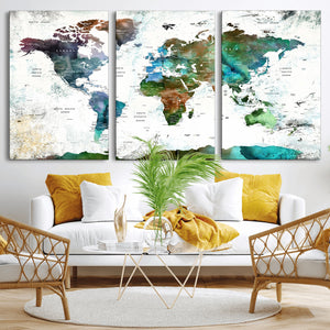 Modern Watercolor World Map Canvas Wall Art – Framed