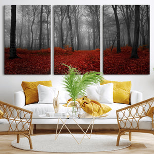 Red Forest Floor Canvas Wall Art – Mystical Foggy Woodland