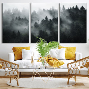 Foggy Forest Wall Art Canvas Print | 3 Panel Large Misty